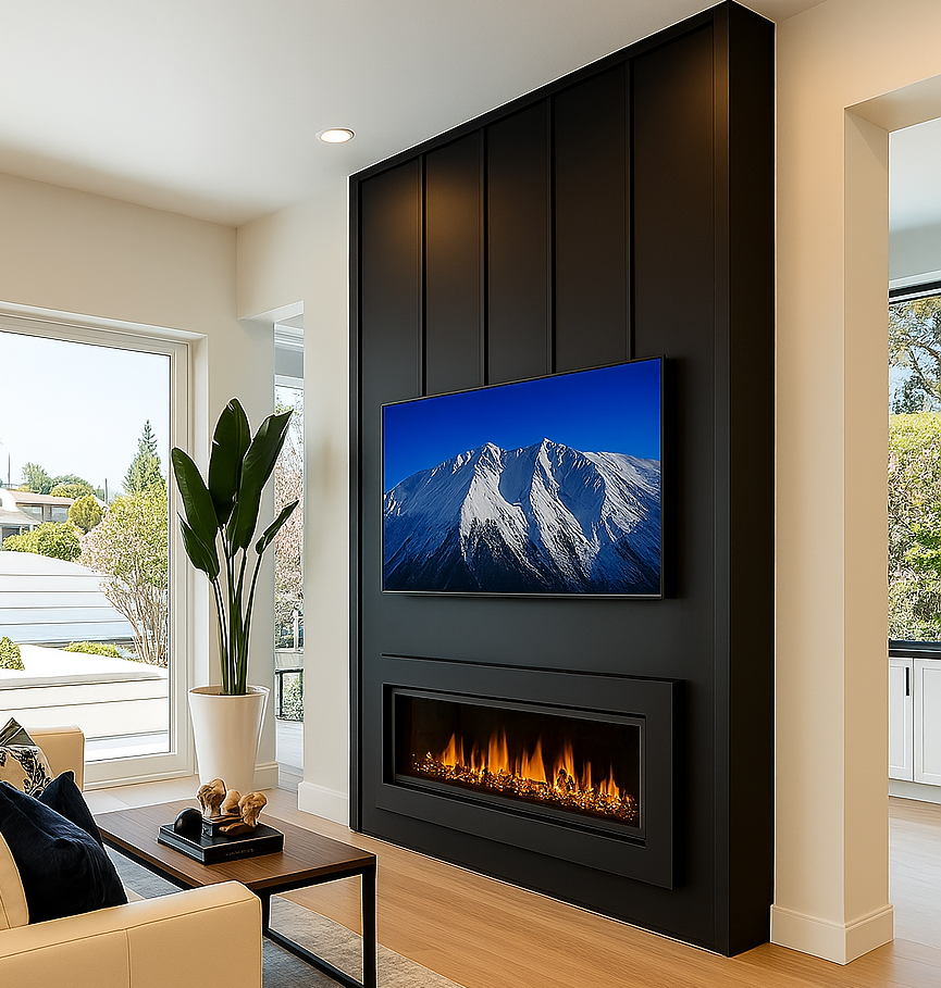 Living room with a flat-screen TV showing a mountain scene, mounted above an electric fireplace on a black feature wall, adjacent to large windows with a view of greenery, decorated with a large potted plant and a beige sofa.