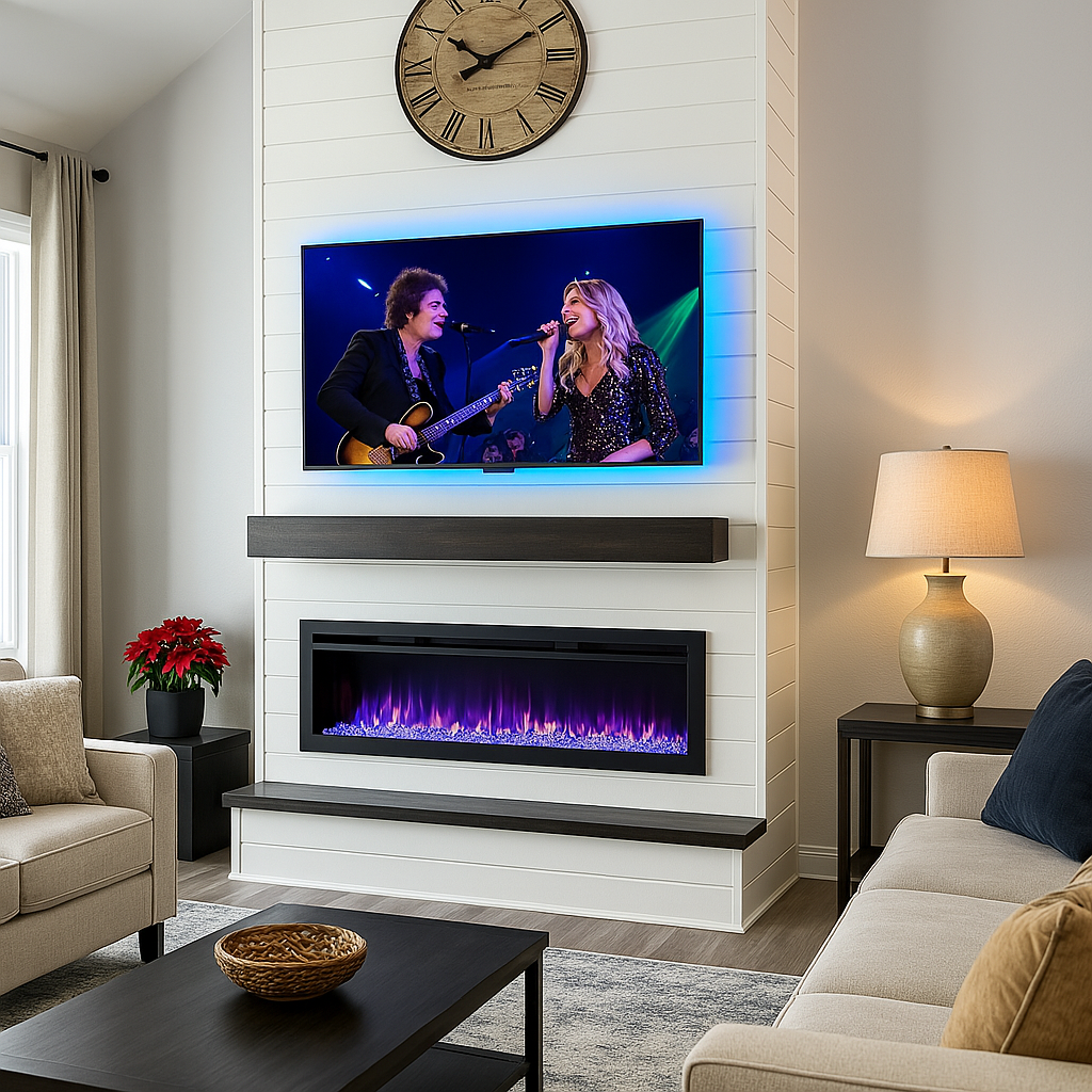 Living room with a white wall, a round wall clock, a mounted television showing two women singing and playing guitar, a modern electric fireplace underneath, a beige sofa and armchair, a side table with a lamp, a poinsettia plant, and a coffee table.
