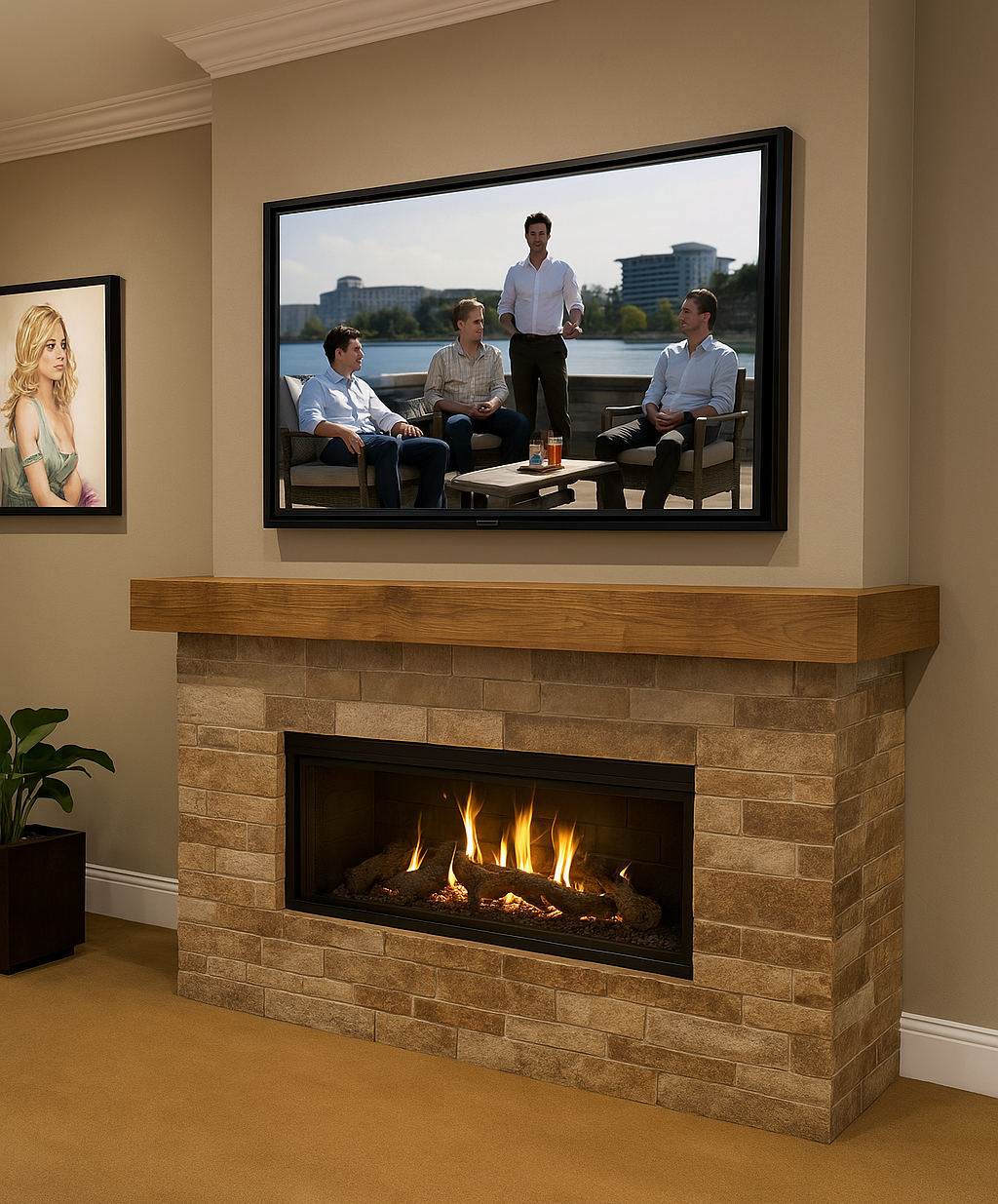Living room with a brick fireplace and a mounted flat-screen TV showing a panel of four men, one standing and three seated outside by a river.