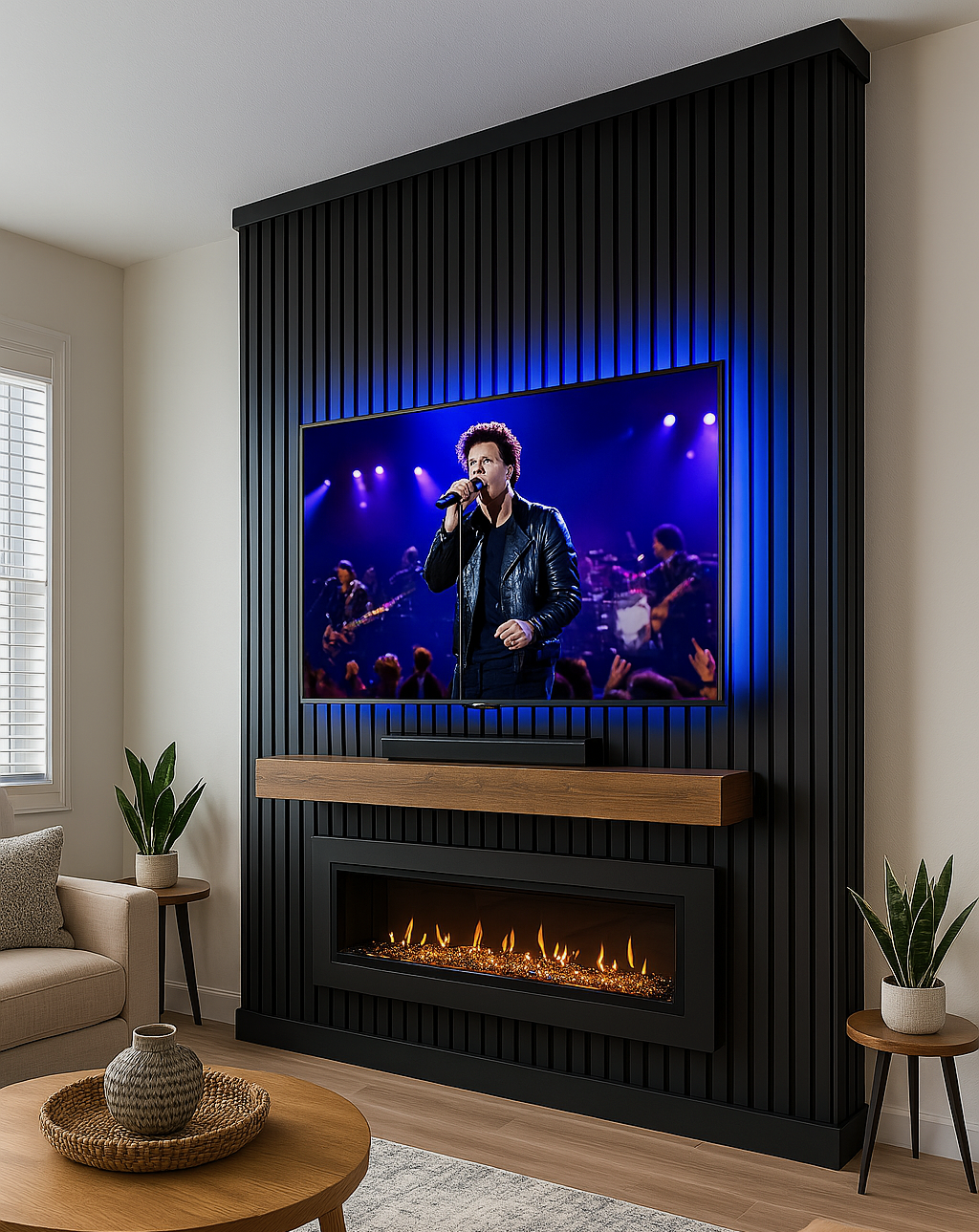 Living room with a black-paneled wall, a flat-screen TV showing a male singer performing on stage, a modern electric fireplace below, two potted plants on side tables, and a beige sofa with throw pillows.