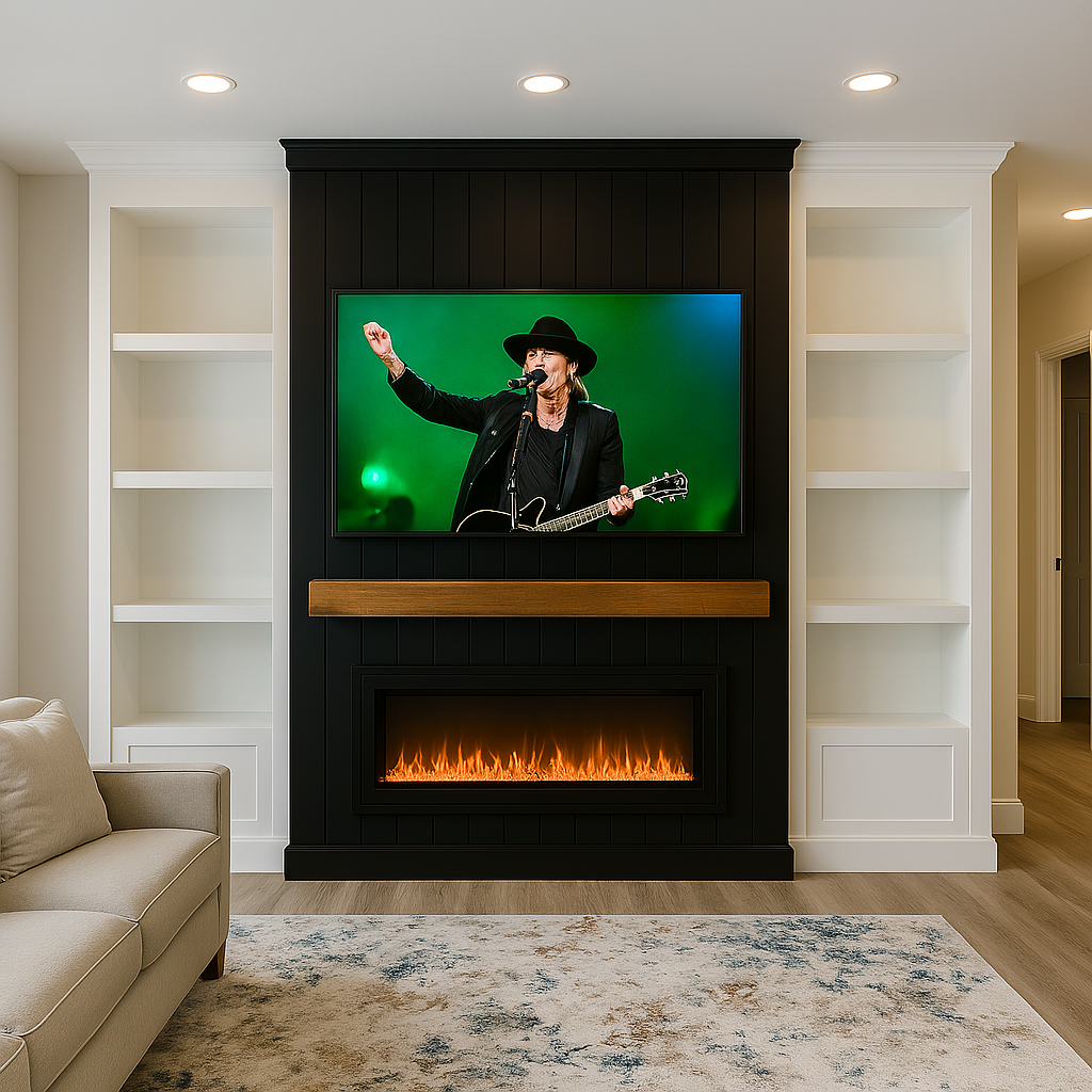 Living room with a TV showing a musician playing guitar and singing, built-in shelves on both sides, fireplace below the TV, beige sofa on the left, and a rug on the floor.