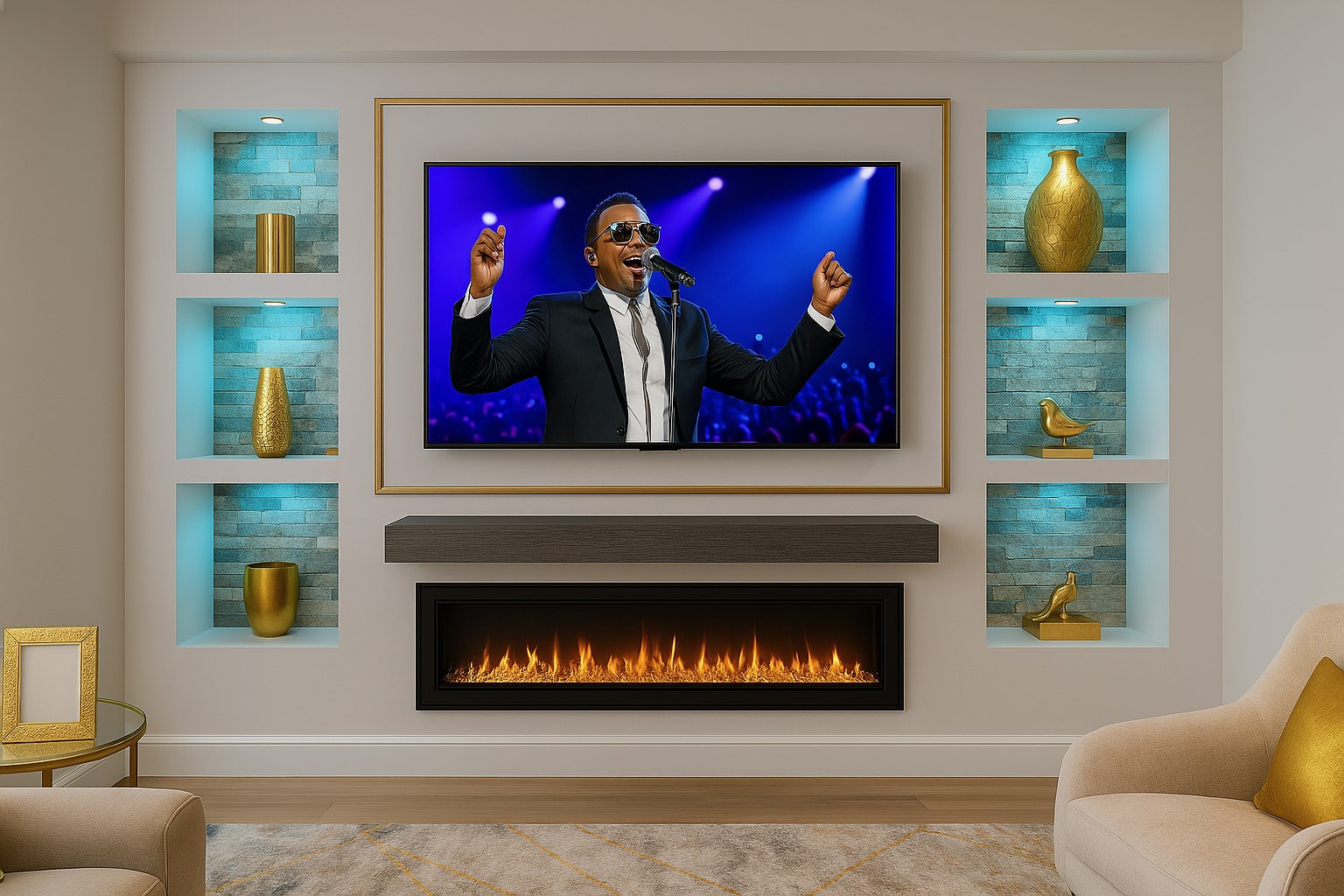 Living room with a modern electric fireplace, a large flat-screen TV showing a male singer in sunglasses and a suit performing on stage, surrounded by decorative gold vases and bird figurines on built-in shelves, and a beige sofa with gold accents.