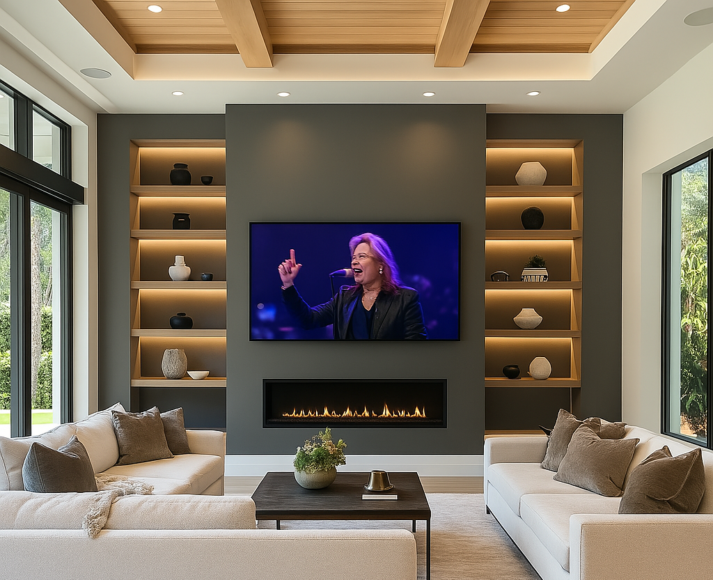 Modern living room with two beige sofas, a black coffee table with a green plant and small decorative items, a built-in gas fireplace, and a large flat-screen TV displaying a woman singing into a microphone. There are built-in shelves with decorative