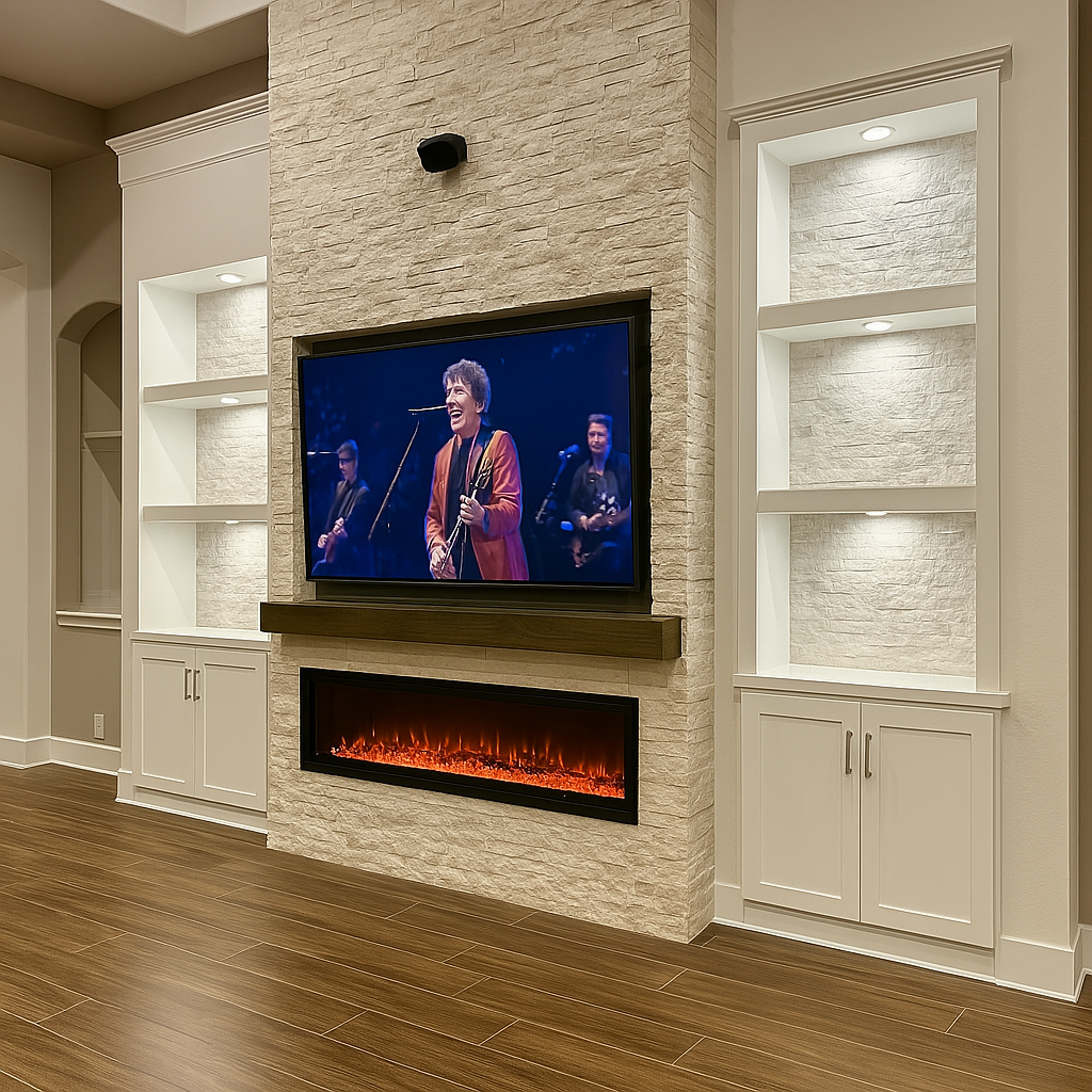 Living room entertainment area with a wall-mounted flat-screen TV showing a woman singing and playing guitar, built-in shelves, and an electric fireplace below the TV.