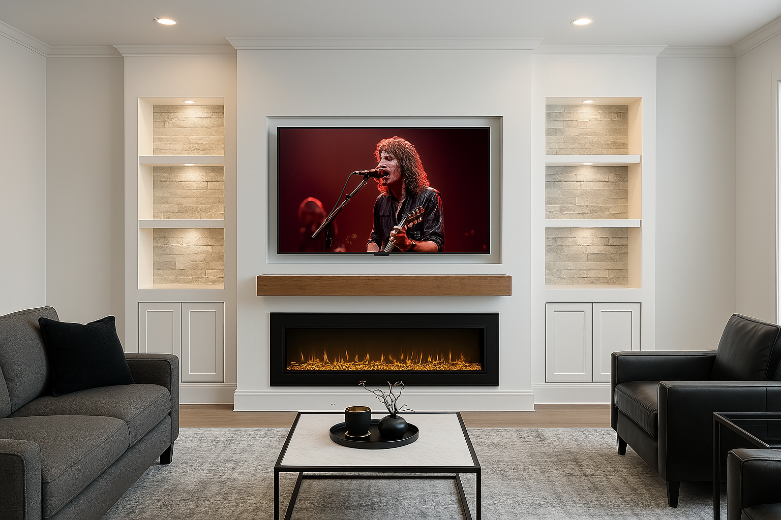 Living room with a mounted TV displaying a musician singing and playing guitar, a modern fireplace beneath the TV, gray sofa and black armchair, and a white coffee table with black decorative items.