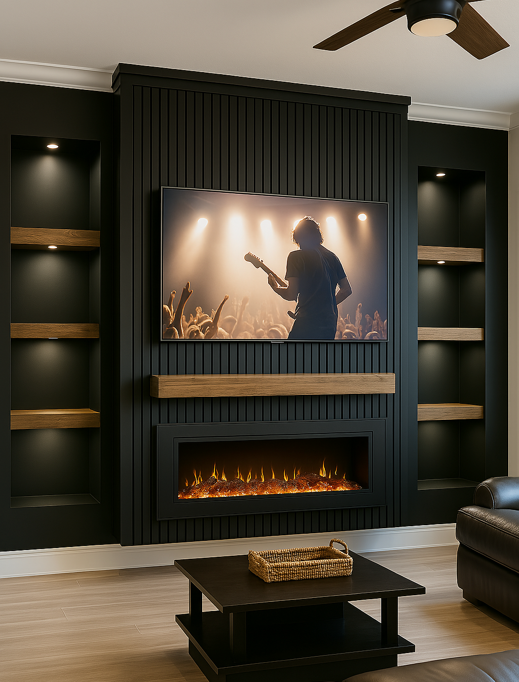 Living room featuring a black entertainment center with built-in shelves, a mounted TV displaying a concert scene, a modern electric fireplace below the TV, a ceiling fan, and a black sofa.