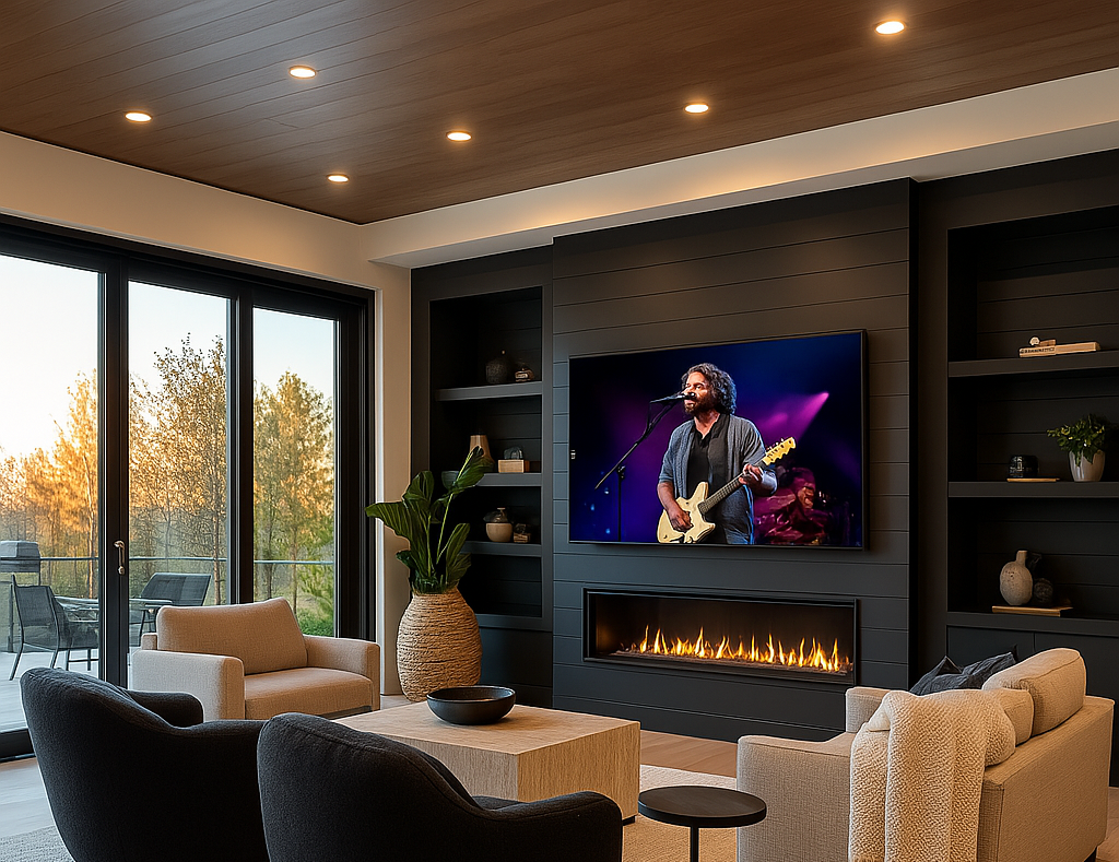 Living room with modern black accent wall, fireplace, flat-screen TV displaying a musician, beige and black chairs, large potted plant, sliding glass door leading to balcony with outdoor seating, and ceiling recessed lighting.