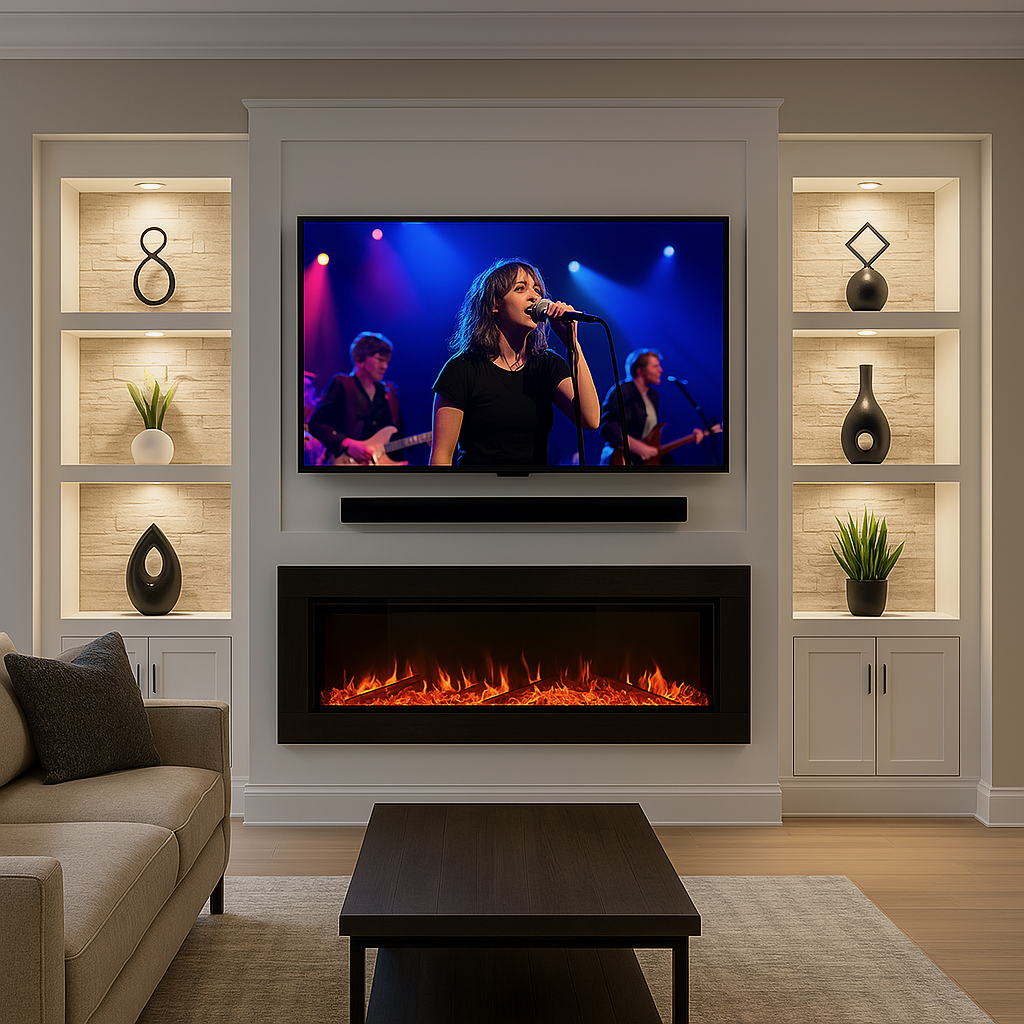 Living room with a wall-mounted TV displaying a concert, built-in shelves with decorative vases and plants, an electric fireplace below the TV, a beige sofa with a dark pillow, and a dark wooden coffee table.