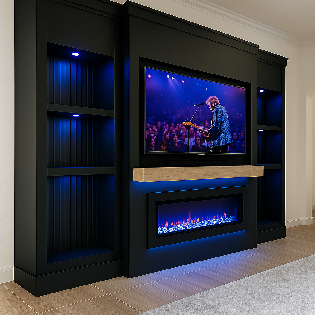 Modern black entertainment center with built-in electric fireplace and wall-mounted TV displaying a musician performing on stage.