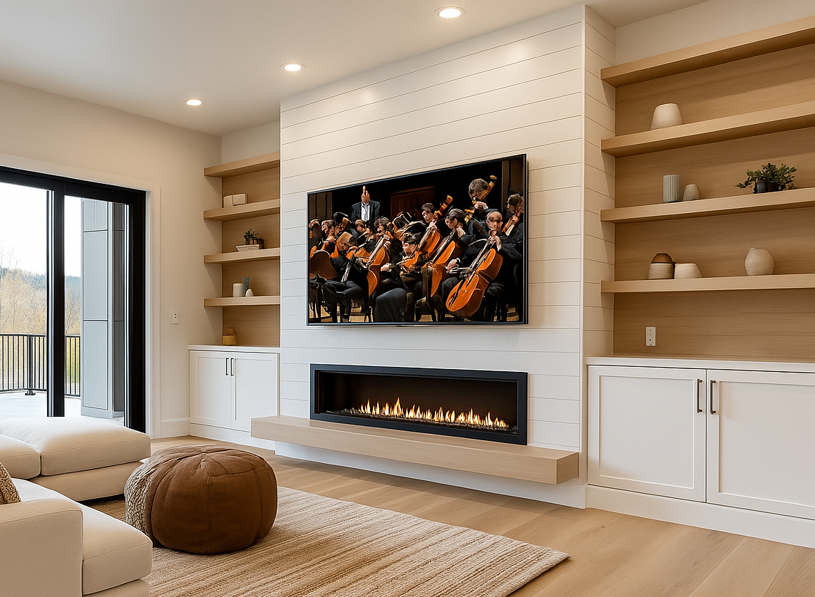Living room with a flat-screen TV displaying an orchestra of musicians playing string instruments, mounted on a white shiplap wall above a modern fireplace.