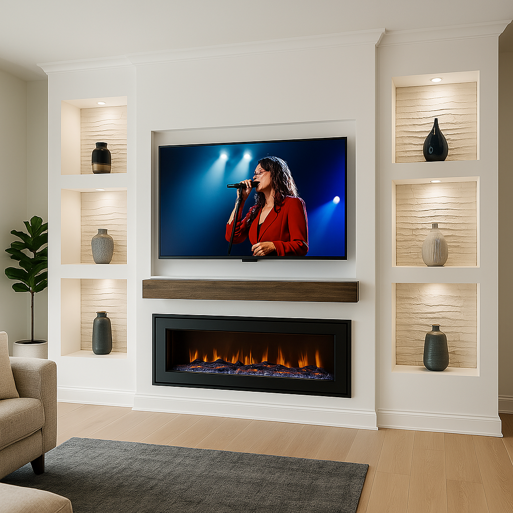 Living room with a mounted TV displaying a woman singing into a microphone, built-in shelves with decorative vases, an electric fireplace below the TV, a beige couch, a gray rug, and a tall green potted plant.