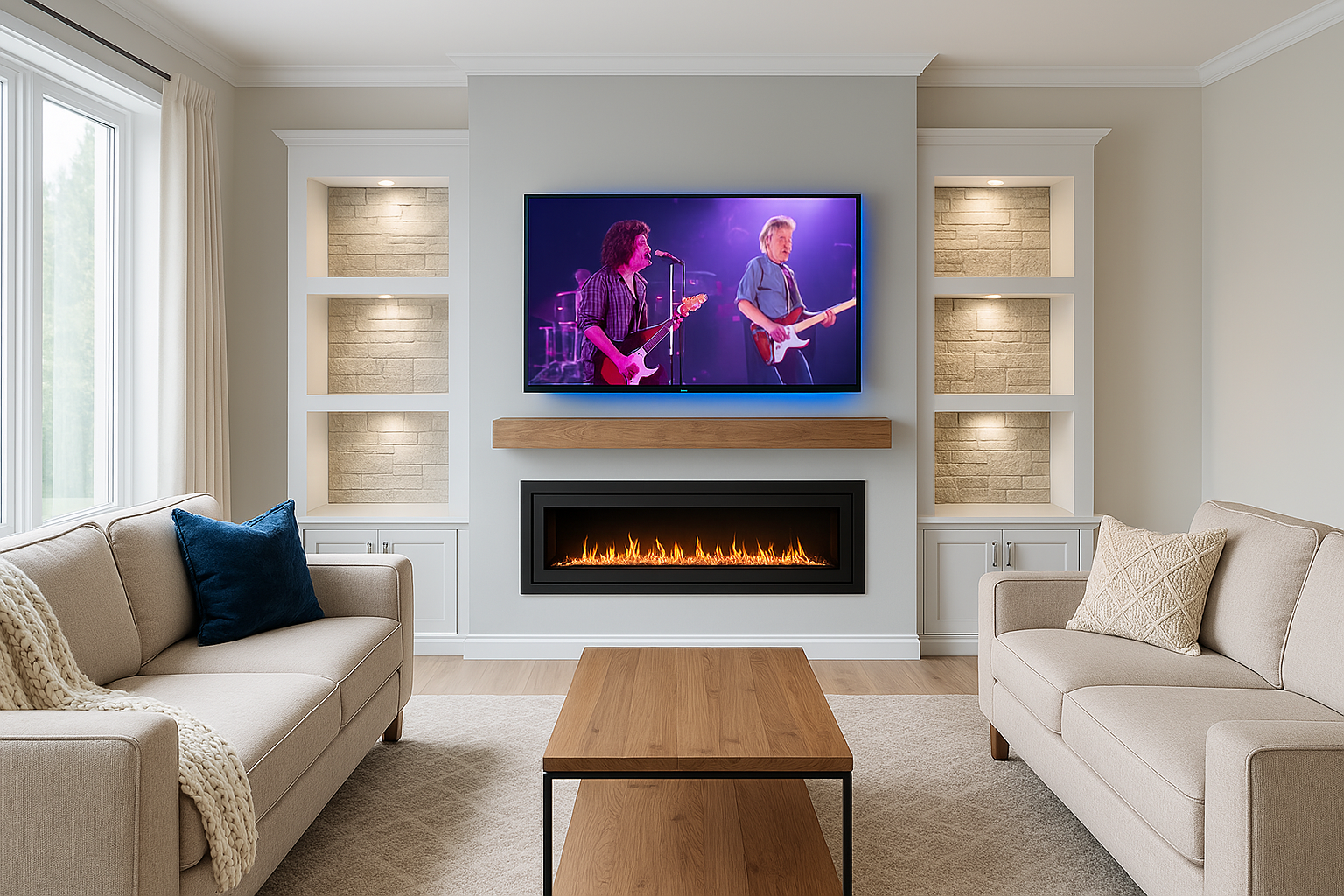 Living room with beige sofas, a wooden coffee table, a modern gas fireplace, built-in shelves with lights, a large wall-mounted TV displaying a band playing, and a window with cream curtains.