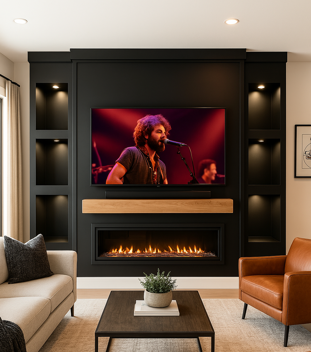 Living room with a black built-in entertainment center, a mounted flat-screen TV showing a singer performing, a modern fireplace beneath the TV, beige couch with dark cushions on the left, brown armchair on the right, and a coffee table with a potted