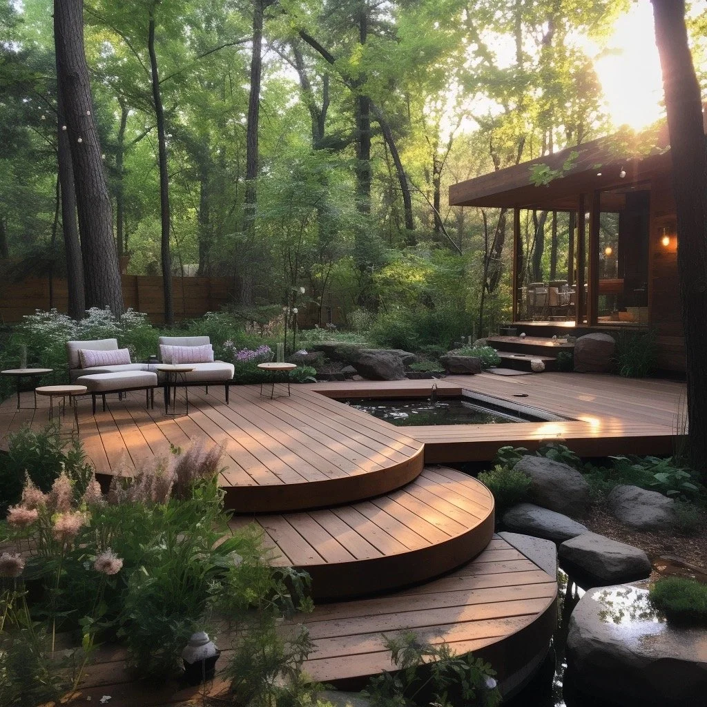 Dzen rounded wood deck with pond in Japanese garden style