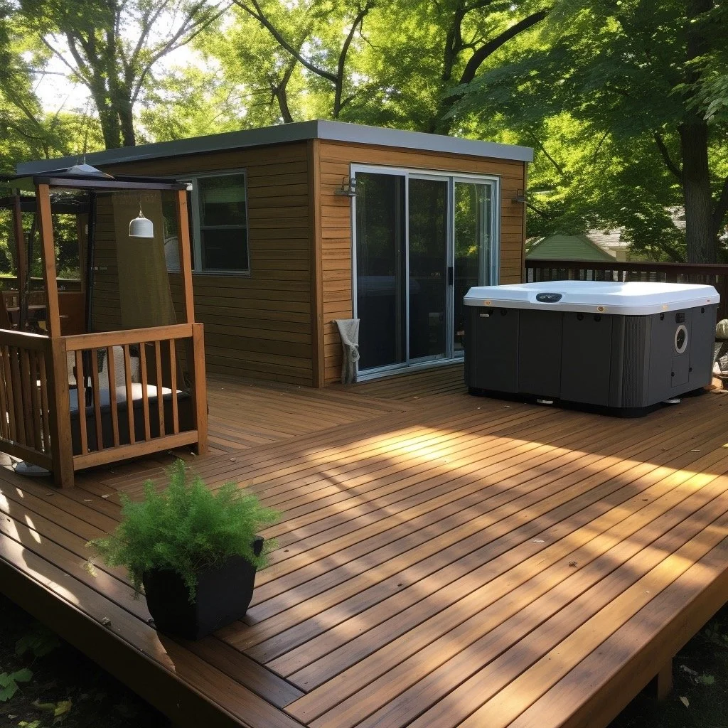 Backyard deck with office cabin and hot tub