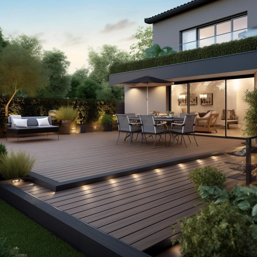 Two levels composite deck with lights in minimalist style