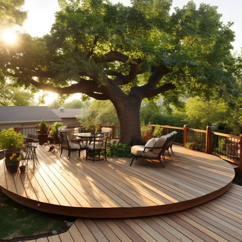 Rounded wood deck with tree in the center