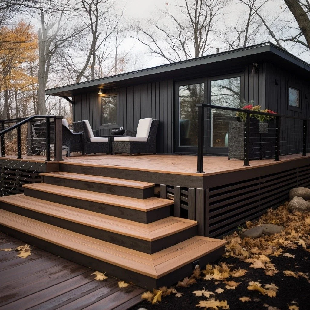 Modern small deck in two colors with stairs