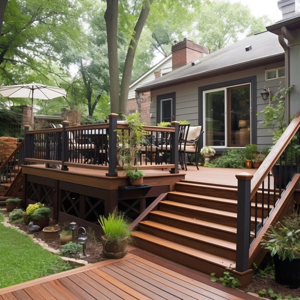Traditional backyard composite deck with railings