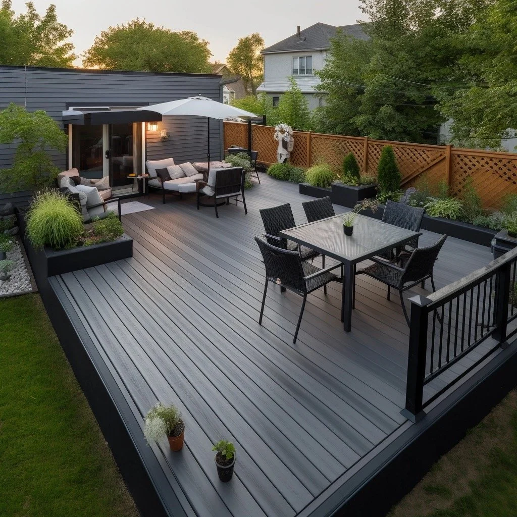 Two-tone gray composite deck with flower bed