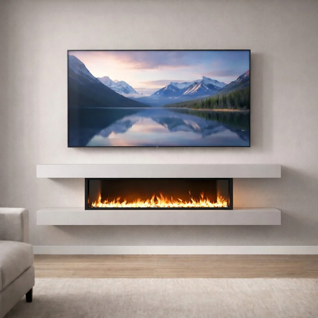 Ember Axis Wall-Mounted Three-Sided Fireplace Media Wall, $2,500