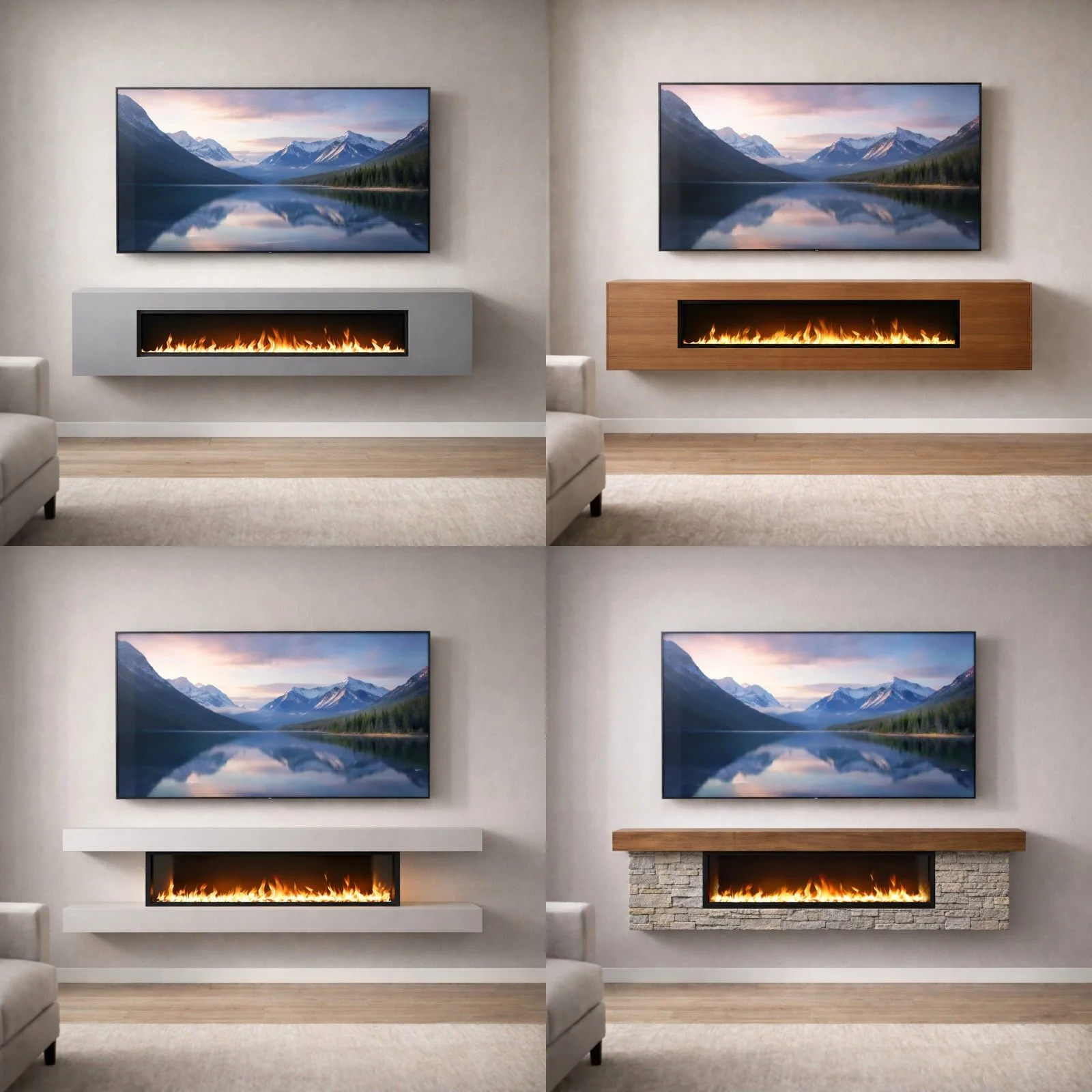 Four different mounted fireplaces below a flat-screen TV displaying a mountain lake scene in a modern living room.