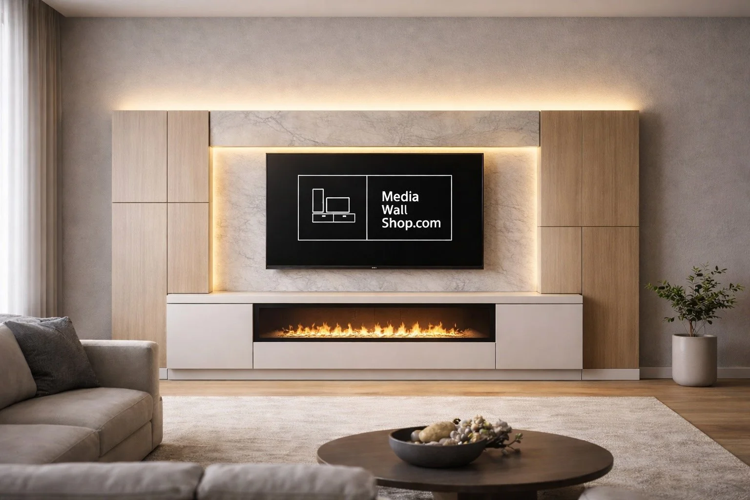 Modern living room with built-in entertainment center, flat-screen TV displaying Media Wall Shop.com, fireplace below, beige sofa on left, round coffee table with decorative bowl in front, and a potted plant on the right in a minimalist decor style.