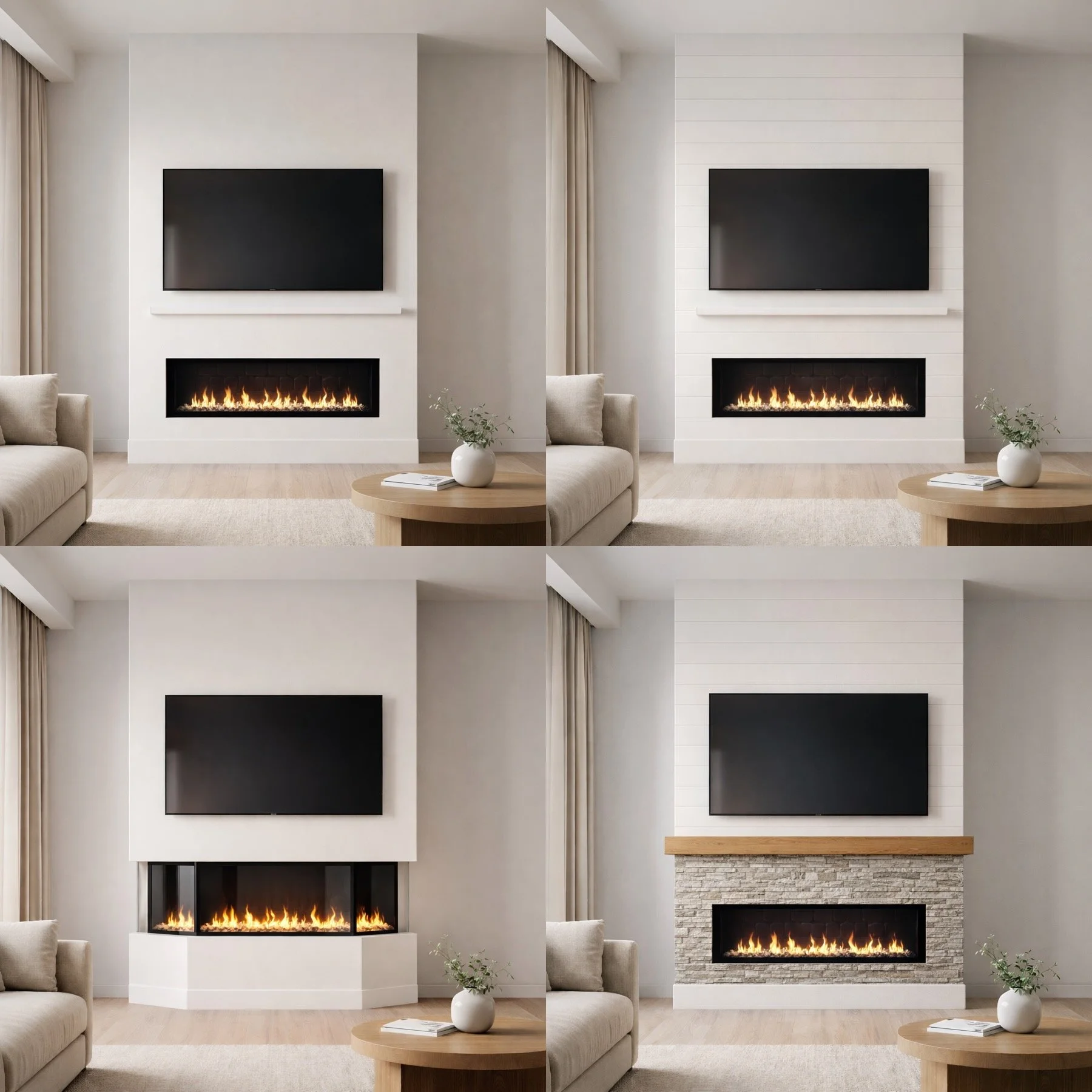 Compilation of four living room fireplaces, each with a mounted TV above and a beige sofa to the side.