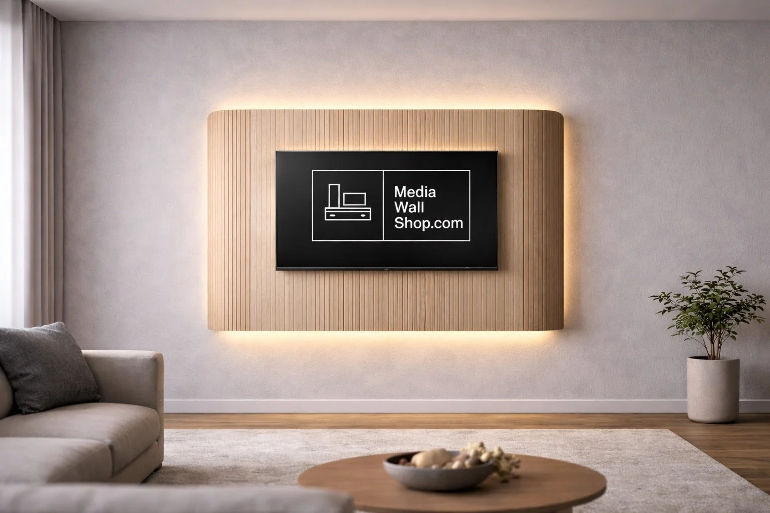 Living room with a wall-mounted television displaying 'Media WallShop.com', a beige panel with lighting behind the TV, a sofa with gray pillows, a potted plant, and a coffee table with decorative items.