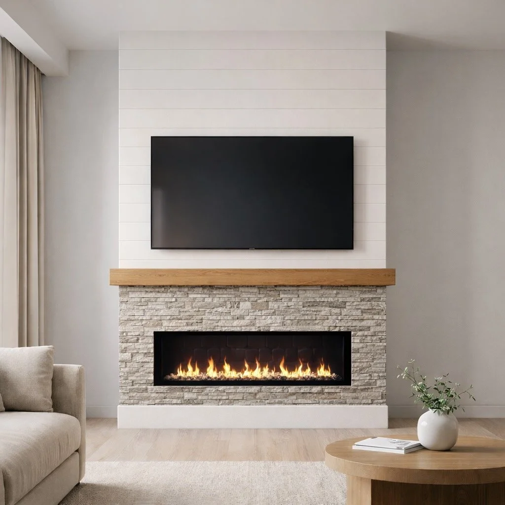 Atlas Strata Dual-Decor Floor-Standing Fireplace Media Wall, $3,500