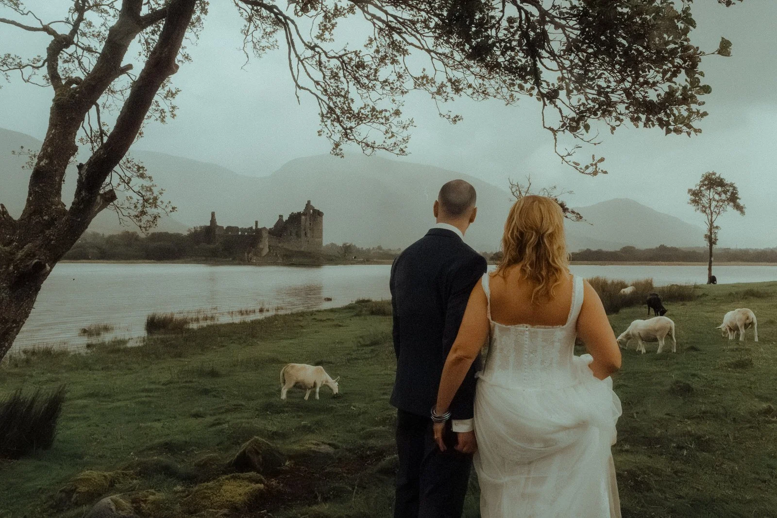 kilchurn elopement photo bride and groom sheep castle view