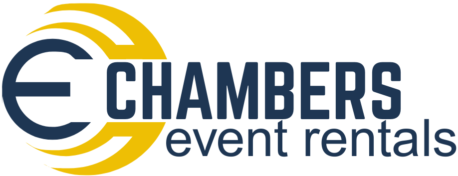 Chambers Event Rentals logo with a stylized letter 'C' in navy blue and yellow, and the text 'Chambers event rentals'