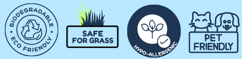 Icons indicating eco-friendly, safe for grass, hypo-allergenic, and pet-friendly products.