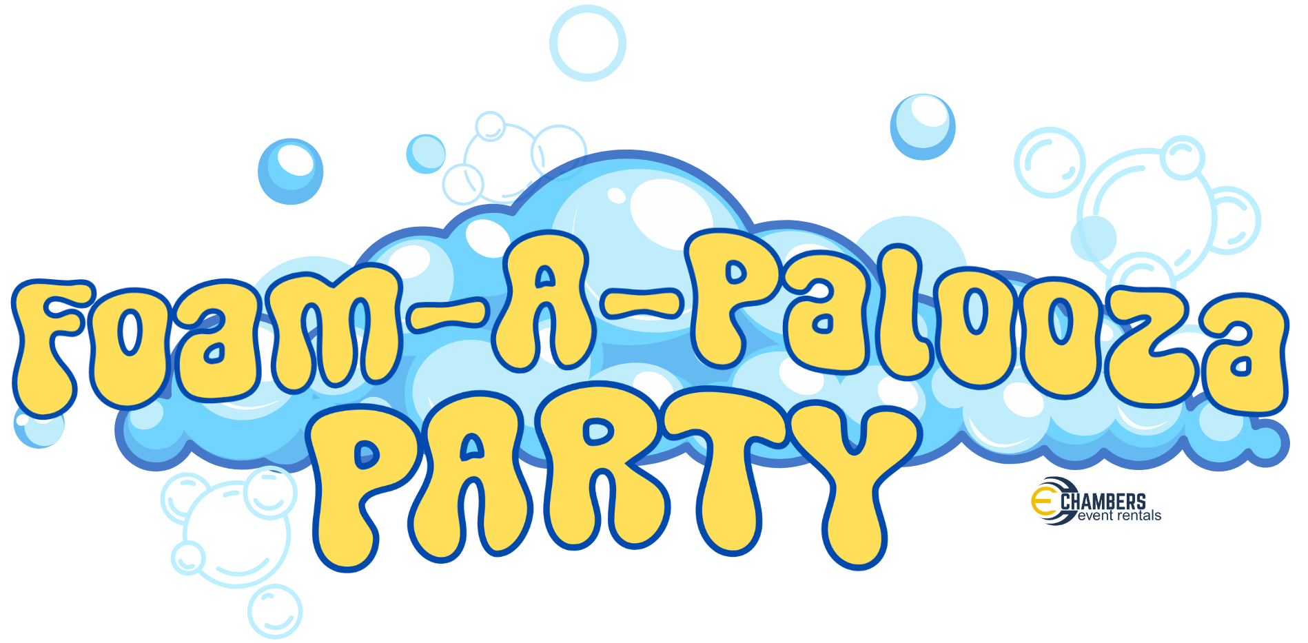 Colorful graphic with the text 'Foam-A-Palooza Party' in large yellow letters surrounded by bubbles and foam, indicating a fun foam-themed party event.