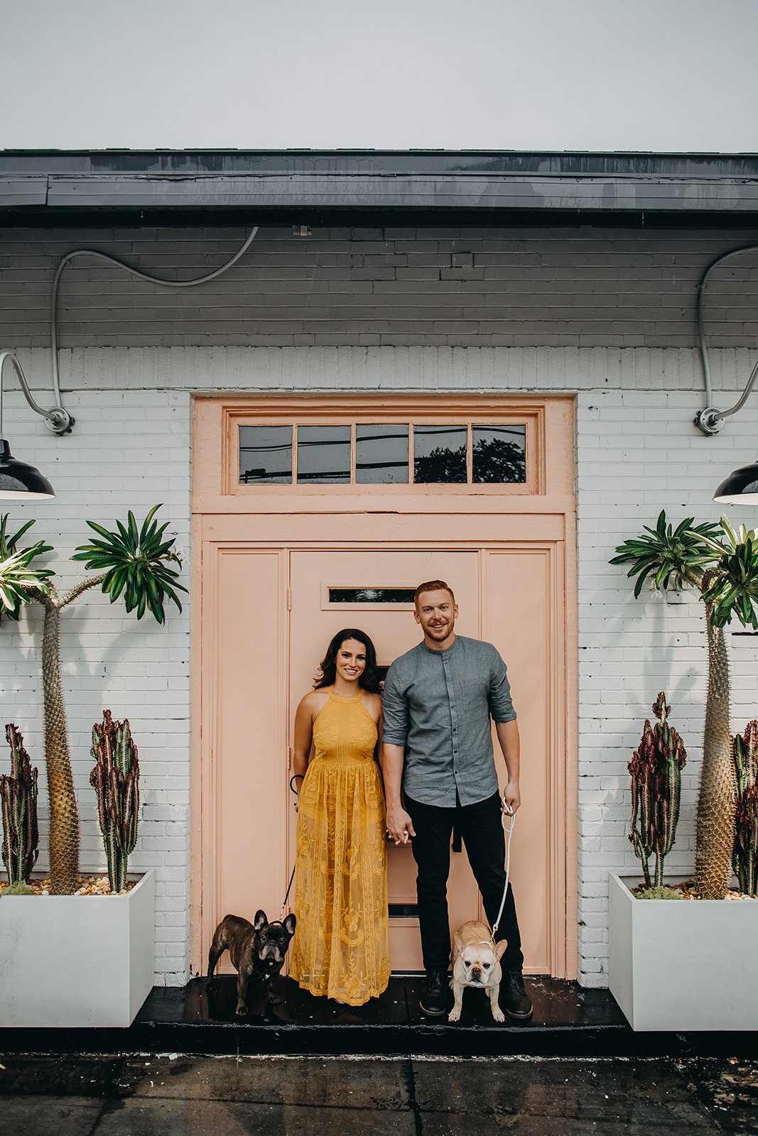 A smiling couple holding hands stands outside in front of a pink door with two small dogs on leashes, flanked by potted cacti and tropical plants against a white brick wall.