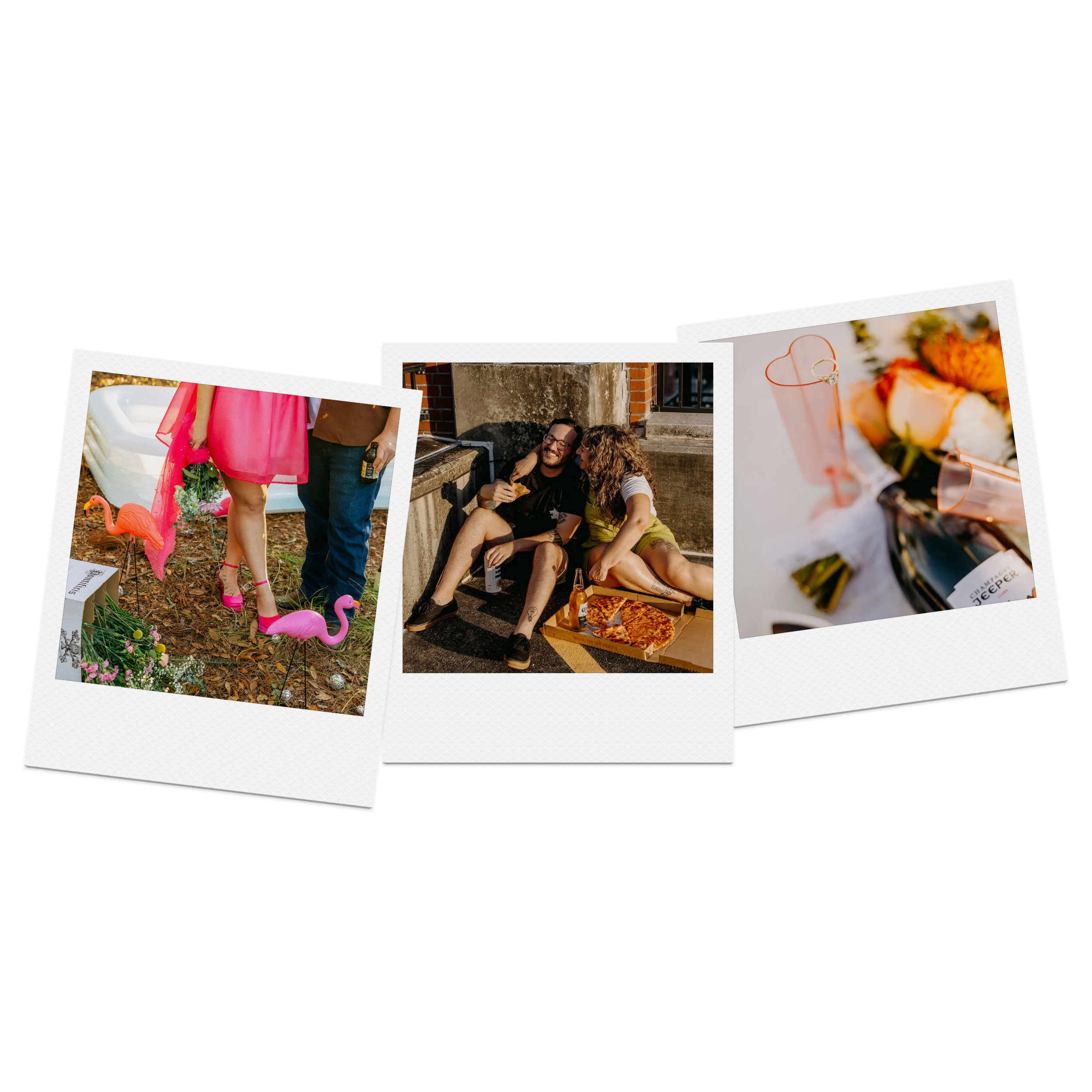 Three Polaroid-style photos from a casual outdoor gathering, including people socializing, pink flamingo decorations, pizza, drinks, and flowers.