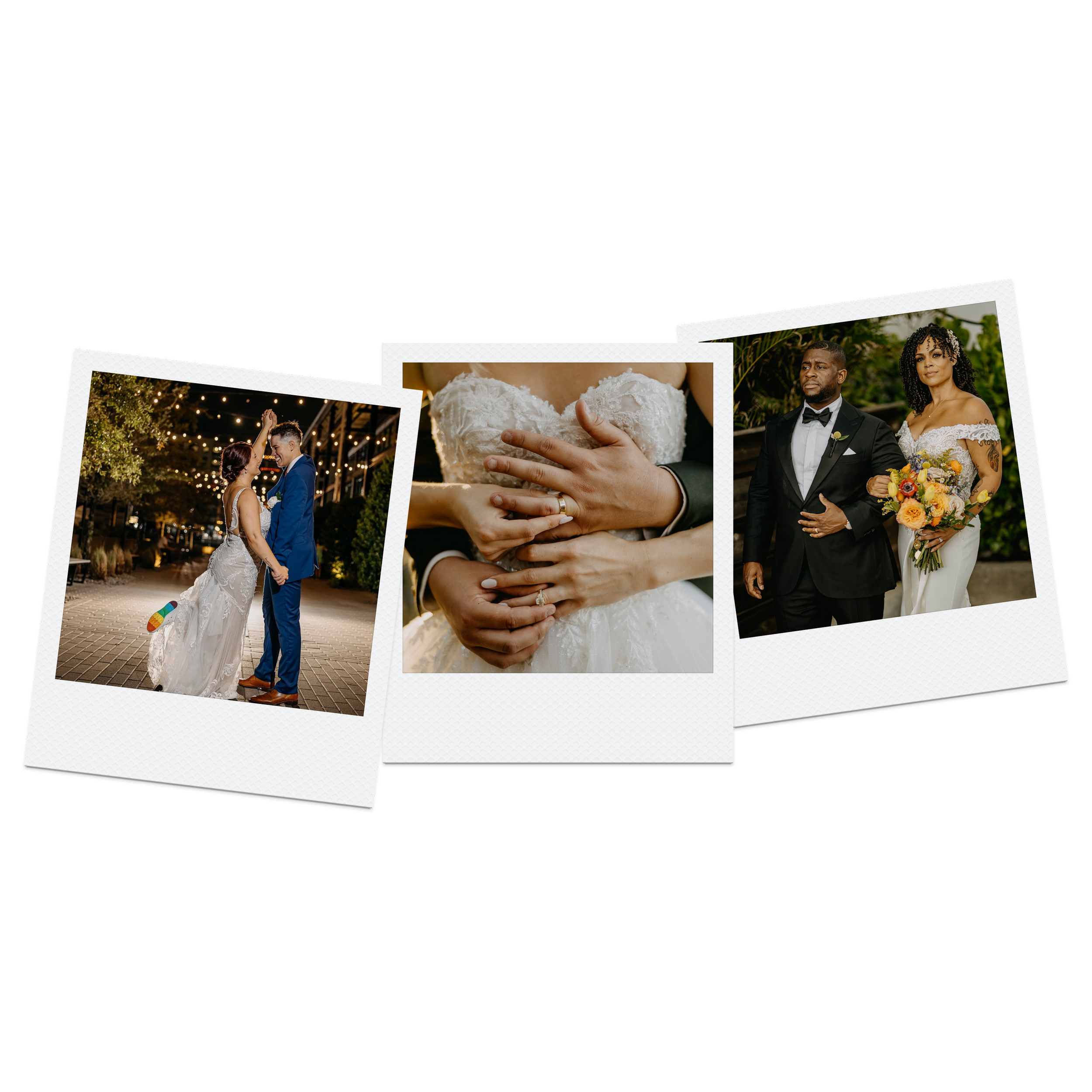 Series of three wedding photographs featuring couples and close-up of wedding rings.