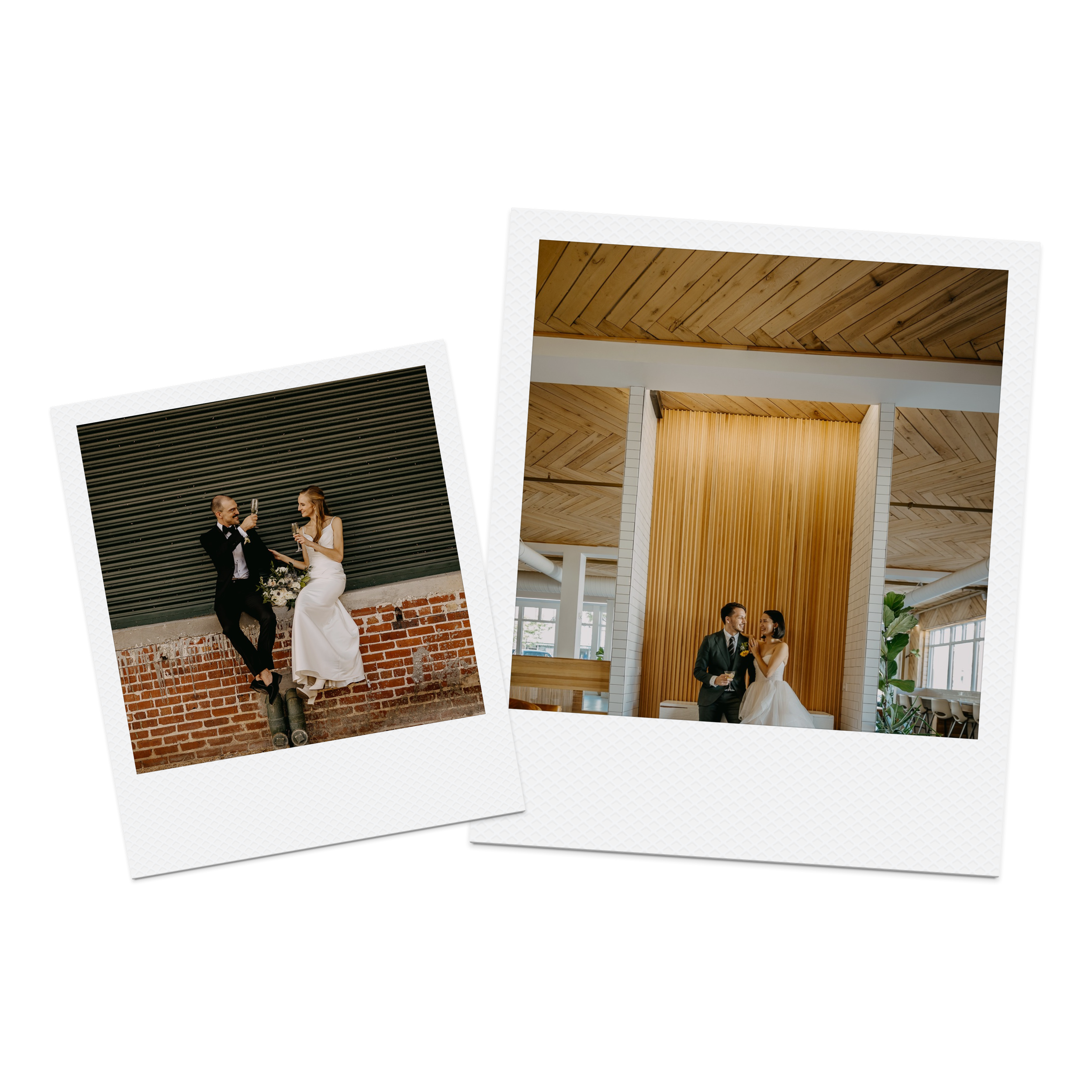 Two photos of a wedding couple. The first photo shows the couple sitting on a brick ledge against a black corrugated wall, holding glasses and smiling. The second photo shows the couple standing inside a modern building with a wooden ceiling, glasses in hand, and natural light coming through large windows.
