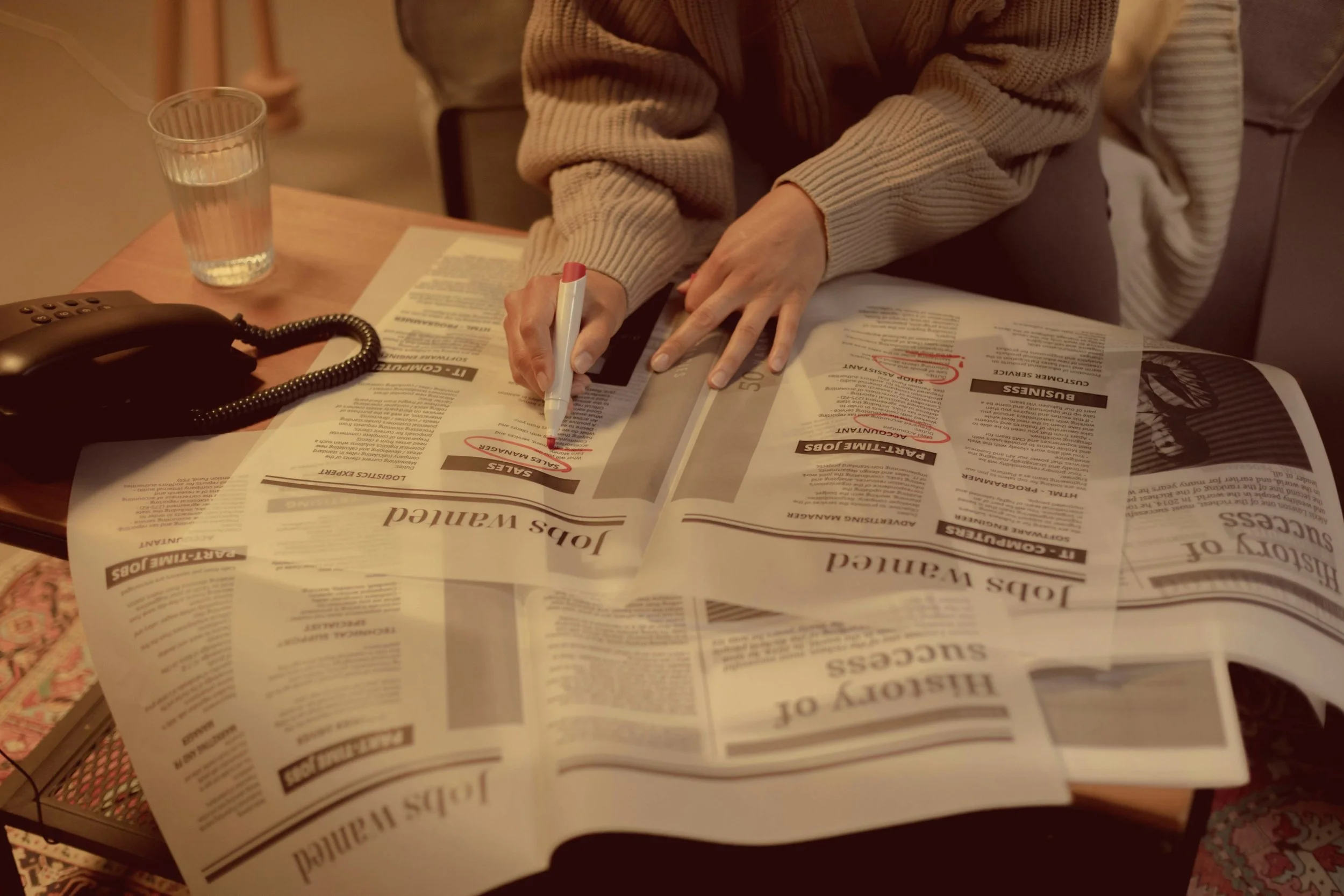 Person writing on a newspaper with red marker, sitting at a table with a glass of water, a black telephone, and other papers.