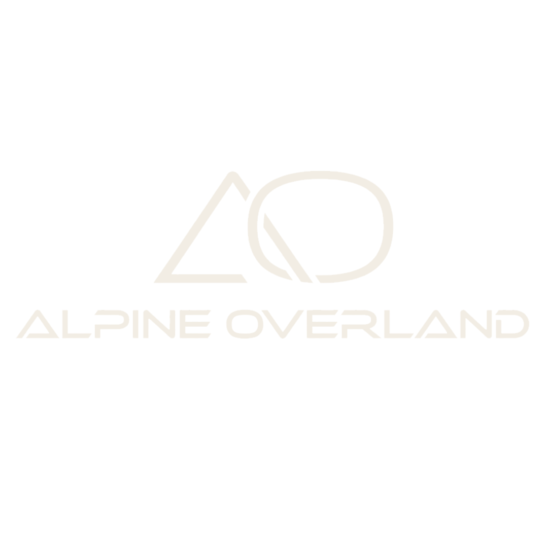 Logo for Alpine Overland with stylized mountain and circle graphic above the text