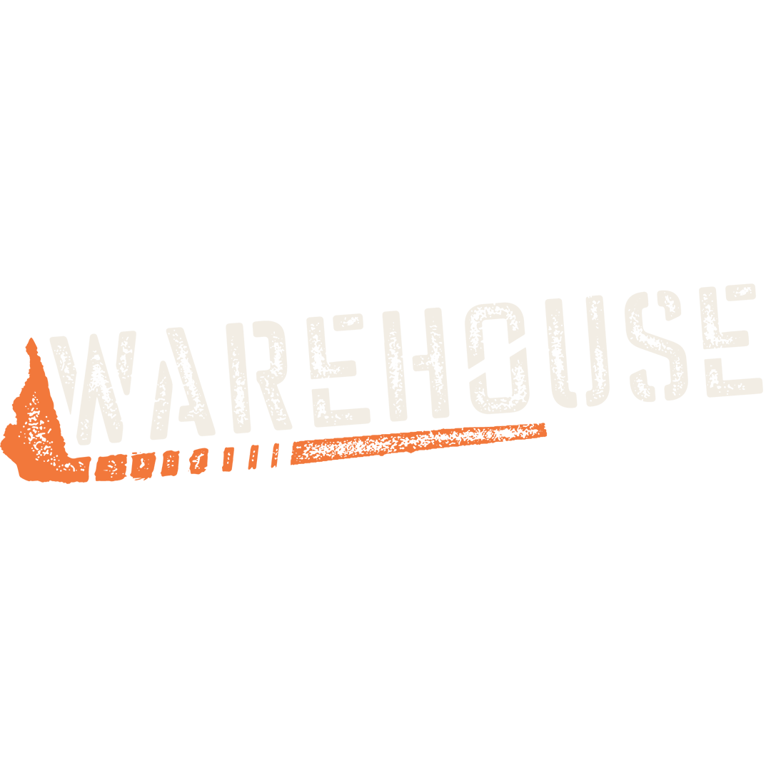 Warehouse logo with orange and white distressed text and an orange underline on a black background.