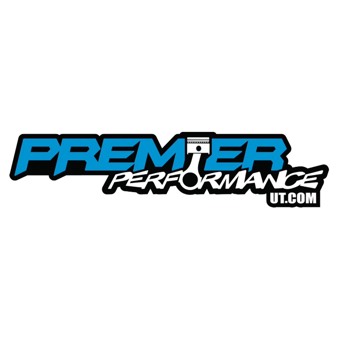 Logo for Premier Performance website featuring bold blue and black text with a piston graphic.