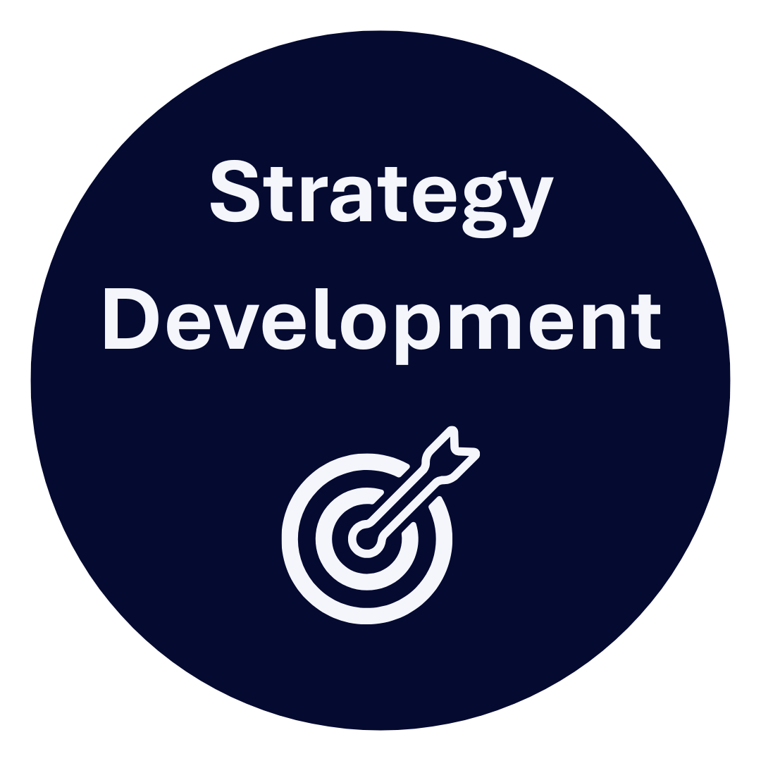 A dark blue circular graphic with the words "Strategy Development" in white text and a white target with an arrow at the center
