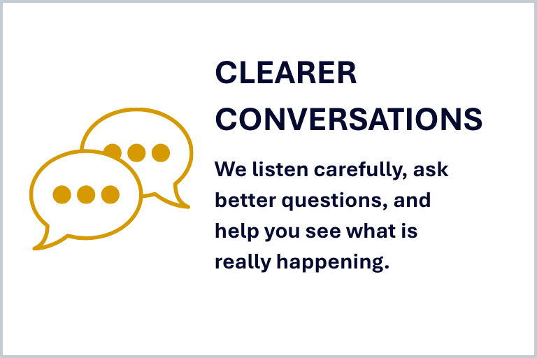 About page expectation card for Clearer Conversations, focused on listening carefully, asking better questions, and helping leaders see what is really happening.