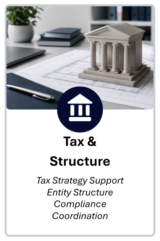 Service card for Tax and Structure, including tax strategy support, entity structure, compliance, and financial coordination.
