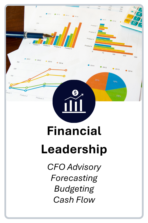 Service card for Financial Leadership, including CFO advisory, forecasting, budgeting, cash flow, and financial decision support.