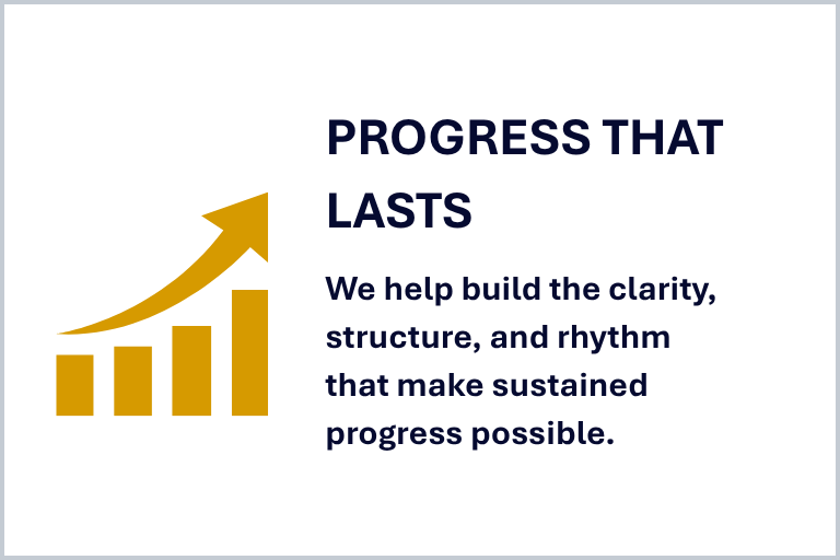 About page expectation card for Progress That Lasts, focused on building clarity, structure, and rhythm that make sustained progress possible.
