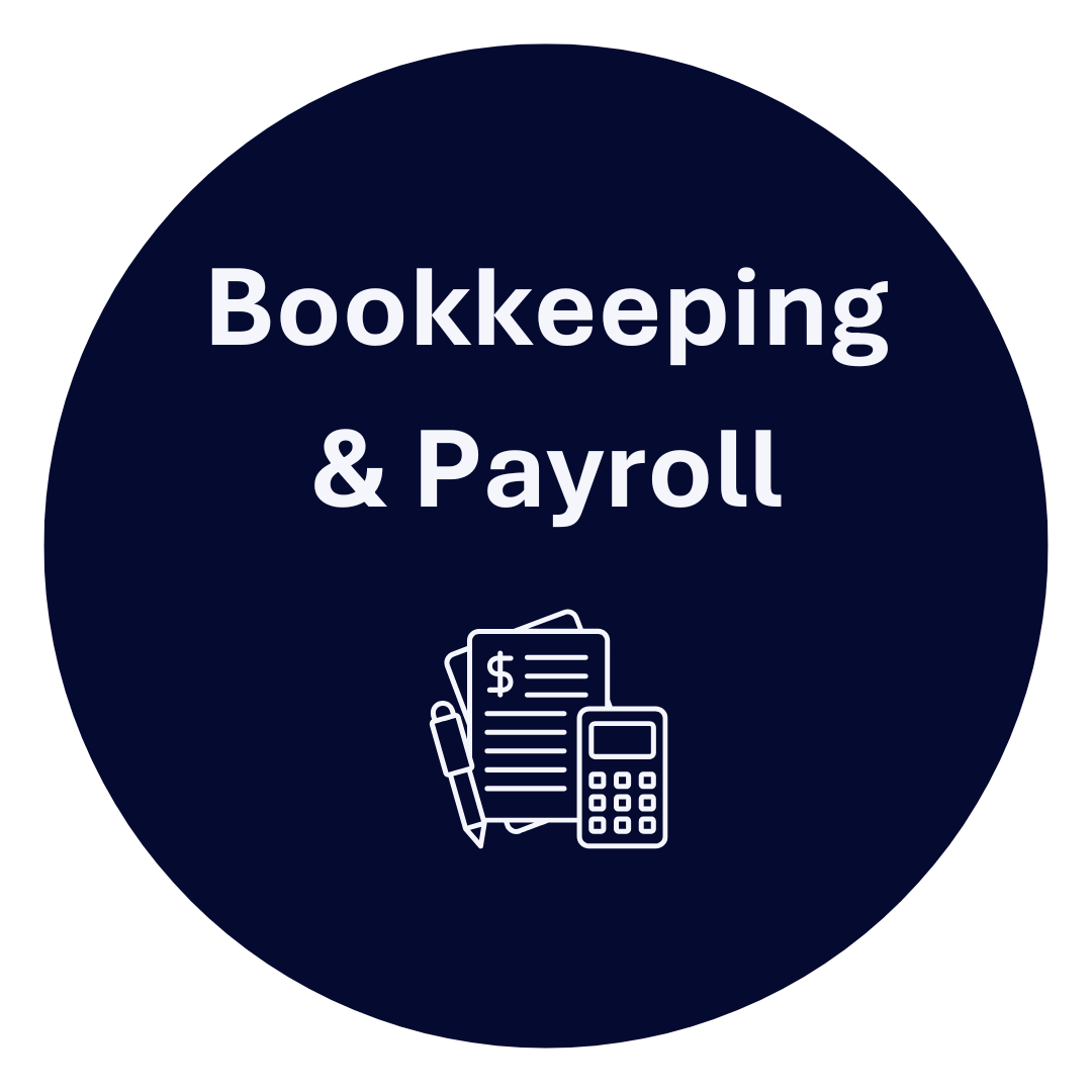 Dark blue circular graphic with the text 'Bookkeeping & Payroll' above line art icons of a pen, dollar bill, and calculator.