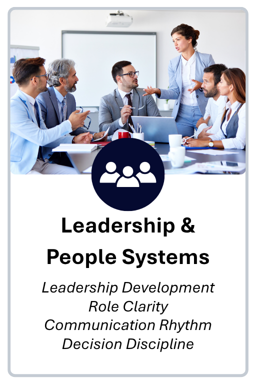 Service card for Leadership and People Systems, including leadership development, role clarity, accountability, and decision discipline.
