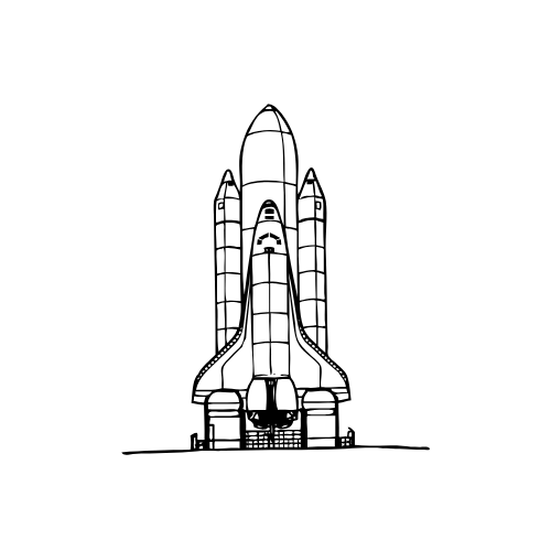 A black and white line drawing of a space shuttle on a launch pad with ground support structures.
